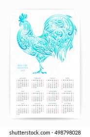 Calendar template 2017 with floral patterned rooster. Symbol of Chinese New Year. It may be used for design of a  postcard, wallpaper, planner,  poster, brochure and so on.  