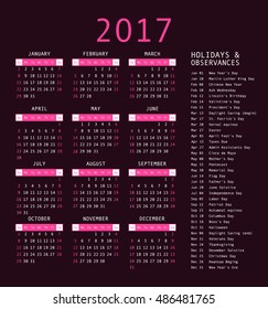 Calendar template for 2017. Calendar and holiday dates 2017 vector