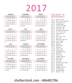 Calendar template for 2017. Calendar and holiday dates 2017 vector