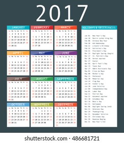 Calendar template for 2017. Calendar and holiday dates 2017 vector