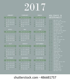 Calendar template for 2017. Calendar and holiday dates 2017 vector