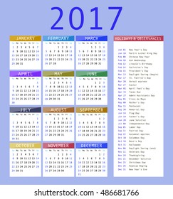 Calendar template for 2017. Calendar and holiday dates 2017 vector