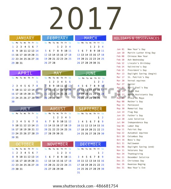 Calendar Template 2017 Calendar Holiday Dates Stock Vector Royalty Free 486681754