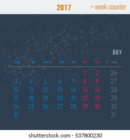 Calendar template for 2017 July with Abstract medical background, medical substance and dna molecules. Vector Illustration.