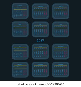 Calendar Template for 2017 on Dark Background. Vector illustration