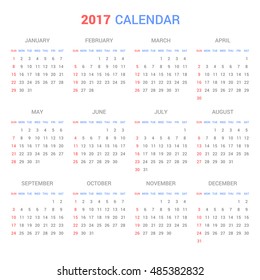 Calendar Template for 2017 on White Background. Vector