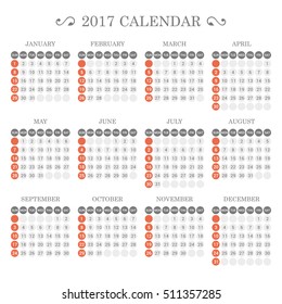 Calendar Template for 2017 on White Background. Vector illustration