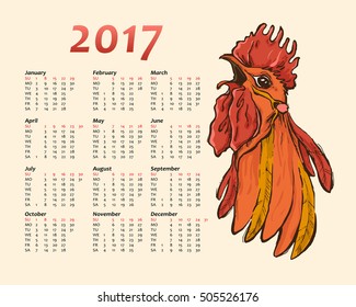 Calendar template 2017 with red rooster. Vector illustration