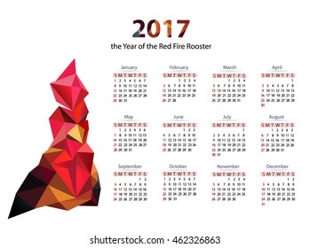 Calendar template 2017 with The symbol of the Red rooster as the symbol of the year. Week starts on Sunday 