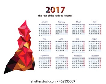 Calendar template 2017 with The symbol of the Red rooster as the symbol of the year. Week starts on Sunday Week starts on Monday 
