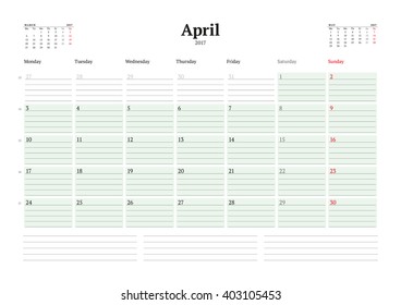 Calendar Template for 2017 Year. April. Business Planner 2017 Template. Stationery Design. Week starts Monday. 3 Months on the Page. Vector Illustration