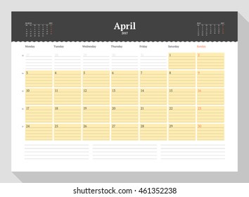 Calendar Template for 2017 Year. April. Stationery Design. Week starts Monday. 3 Months on the Page. Vector Illustration