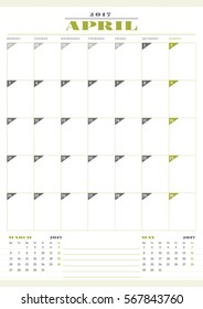 Calendar Template for 2017 Year. April. Business Planner Template. Stationery Design. Week starts Monday. 3 Months on the Page. Vector Illustration