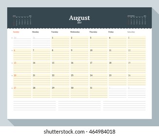 Calendar Template for 2017 Year. August. Business Planner Template. Stationery Design. Week starts Sunday. 3 Months on the Page. Vector Illustration