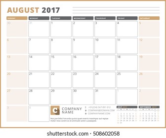 Calendar Template for 2017 Year. August. Business Planner 2017 Template. Stationery Design. Week starts Sunday. 3 Months on the Page. Vector Illustration