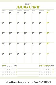 Calendar Template for 2017 Year. August. Business Planner Template. Stationery Design. Week starts Monday. 3 Months on the Page. Vector Illustration