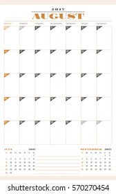 Calendar Template for 2017 Year. August. Retro Business Planner Template. Stationery Design. Week starts Sunday. 3 Months on the Page. Vector Illustration