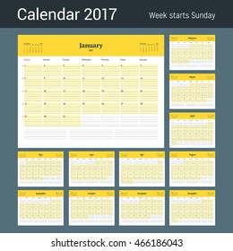 Calendar Template for 2017 Year. Business Planner Template. Stationery Design. Week starts Sunday. 3 Months on the Page. Vector Illustration