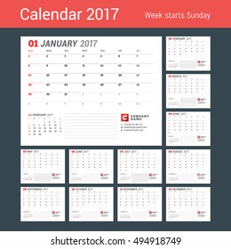 Calendar Template for 2017 Year. Business Planner 2017 Template. Stationery Design. Week starts Sunday. Set of 12 Months. Vector Illustration