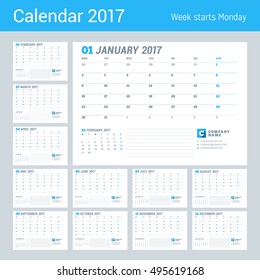 Calendar Template for 2017 Year. Business Planner 2017 Template. Stationery Design. Week starts Monday. Set of 12 Months. Vector Illustration