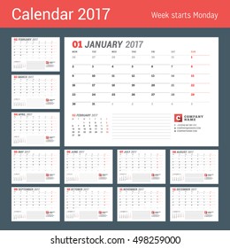 Calendar Template for 2017 Year. Business Planner 2017 Template. Stationery Design. Week starts Monday. Set of 12 Months. Vector Illustration