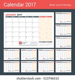 Calendar Template for 2017 Year. Business Planner 2017 Template. Stationery Design. Week starts Monday. 3 Months on the Page. Vector Illustration