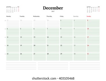 Calendar Template for 2017 Year. December. Business Planner 2017 Template. Stationery Design. Week starts Monday. 3 Months on the Page. Vector Illustration