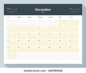 Calendar Template for 2017 Year. December. Business Planner Template. Stationery Design. Week starts Sunday. 3 Months on the Page. Vector Illustration
