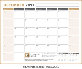Calendar Template for 2017 Year. December. Business Planner 2017 Template. Stationery Design. Week starts Sunday. 3 Months on the Page. Vector Illustration