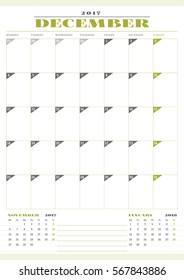 Calendar Template for 2017 Year. December. Business Planner Template. Stationery Design. Week starts Monday. 3 Months on the Page. Vector Illustration