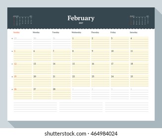 Calendar Template for 2017 Year. February. Business Planner Template. Stationery Design. Week starts Sunday. 3 Months on the Page. Vector Illustration