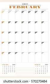 Calendar Template for 2017 Year. February. Retro Business Planner Template. Stationery Design. Week starts Sunday. 3 Months on the Page. Vector Illustration
