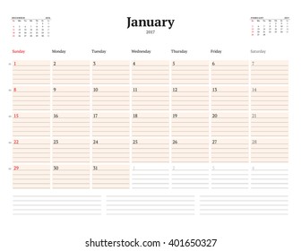 Calendar Template for 2017 Year. January. Business Planner Template. Stationery Design. Week starts Sunday. 3 Months on the Page. Vector Illustration