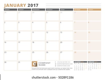 Calendar Template for 2017 Year. January. Business Planner 2017 Template. Stationery Design. Week starts Monday. 3 Months on the Page. Vector Illustration