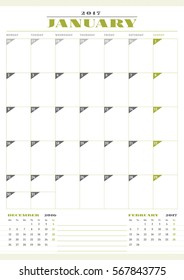 Calendar Template for 2017 Year. January. Business Planner Template. Stationery Design. Week starts Monday. 3 Months on the Page. Vector Illustration