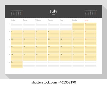 Calendar Template for 2017 Year. July. Stationery Design. Week starts Monday. 3 Months on the Page. Vector Illustration