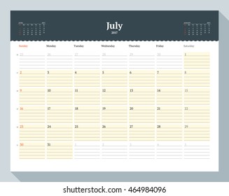 Calendar Template for 2017 Year. July. Business Planner Template. Stationery Design. Week starts Sunday. 3 Months on the Page. Vector Illustration
