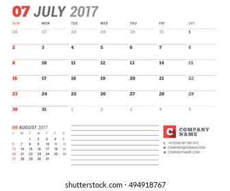 Calendar Template for 2017 Year. July. Business Planner 2017 Template. Stationery Design. Week starts Sunday. 2 Months on the Page. Vector Illustration