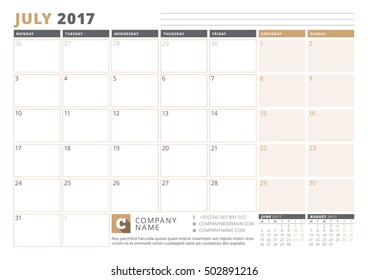 Calendar Template for 2017 Year. July. Business Planner 2017 Template. Stationery Design. Week starts Monday. 3 Months on the Page. Vector Illustration