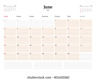 Calendar Template for 2017 Year. June. Business Planner Template. Stationery Design. Week starts Sunday. 3 Months on the Page. Vector Illustration