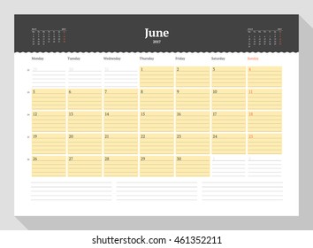 Calendar Template for 2017 Year. June. Stationery Design. Week starts Monday. 3 Months on the Page. Vector Illustration