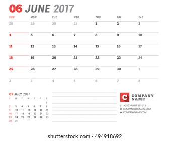Calendar Template for 2017 Year. June. Business Planner 2017 Template. Stationery Design. Week starts Sunday. 2 Months on the Page. Vector Illustration
