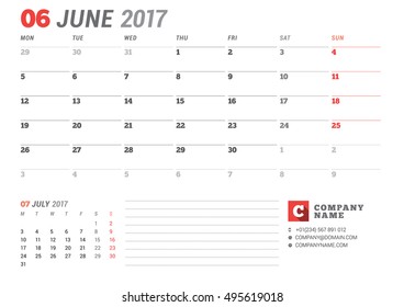 Calendar Template for 2017 Year. June. Business Planner 2017 Template. Stationery Design. Week starts Monday. 2 Months on the Page. Vector Illustration