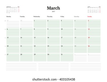 Calendar Template for 2017 Year. March. Business Planner 2017 Template. Stationery Design. Week starts Monday. 3 Months on the Page. Vector Illustration
