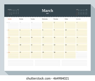 Calendar Template for 2017 Year. March. Business Planner Template. Stationery Design. Week starts Sunday. 3 Months on the Page. Vector Illustration