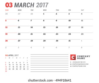 Calendar Template for 2017 Year. March. Business Planner 2017 Template. Stationery Design. Week starts Sunday. 2 Months on the Page. Vector Illustration