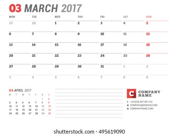Calendar Template for 2017 Year. March. Business Planner 2017 Template. Stationery Design. Week starts Monday. 2 Months on the Page. Vector Illustration