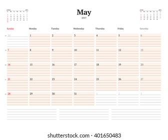 Calendar Template for 2017 Year. May. Business Planner Template. Stationery Design. Week starts Sunday. 3 Months on the Page. Vector Illustration