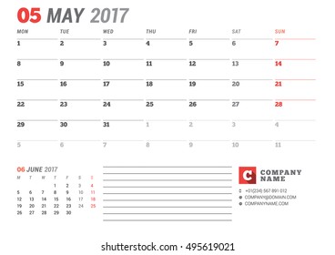 Calendar Template for 2017 Year. May. Business Planner 2017 Template. Stationery Design. Week starts Monday. 2 Months on the Page. Vector Illustration