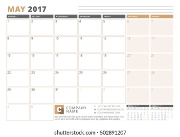 Calendar Template for 2017 Year. May. Business Planner 2017 Template. Stationery Design. Week starts Monday. 3 Months on the Page. Vector Illustration